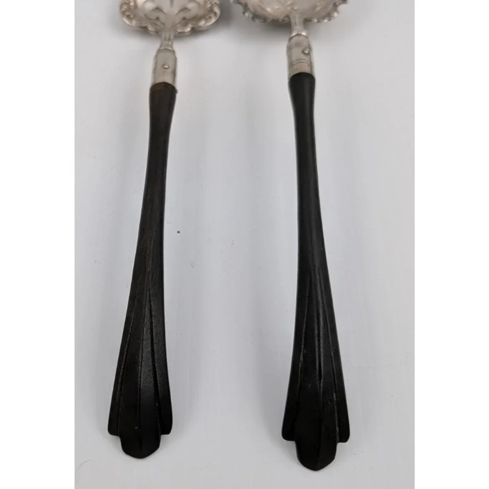Silverplate Salad Fork & Spoon Set Ornate Vintage Wood Handles by M.B. & Co